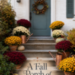 Entry Lined with Copper Pots and Fall Colored Mums