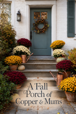 Entry Lined with Copper Pots and Fall Colored Mums