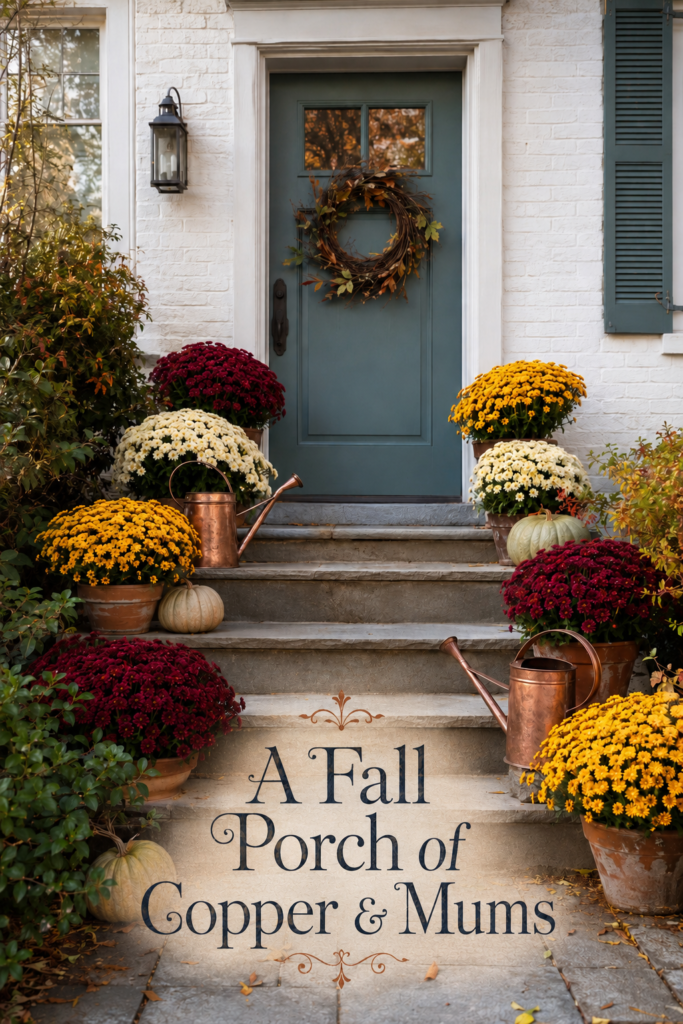Entry Lined with Copper Pots and Fall Colored Mums