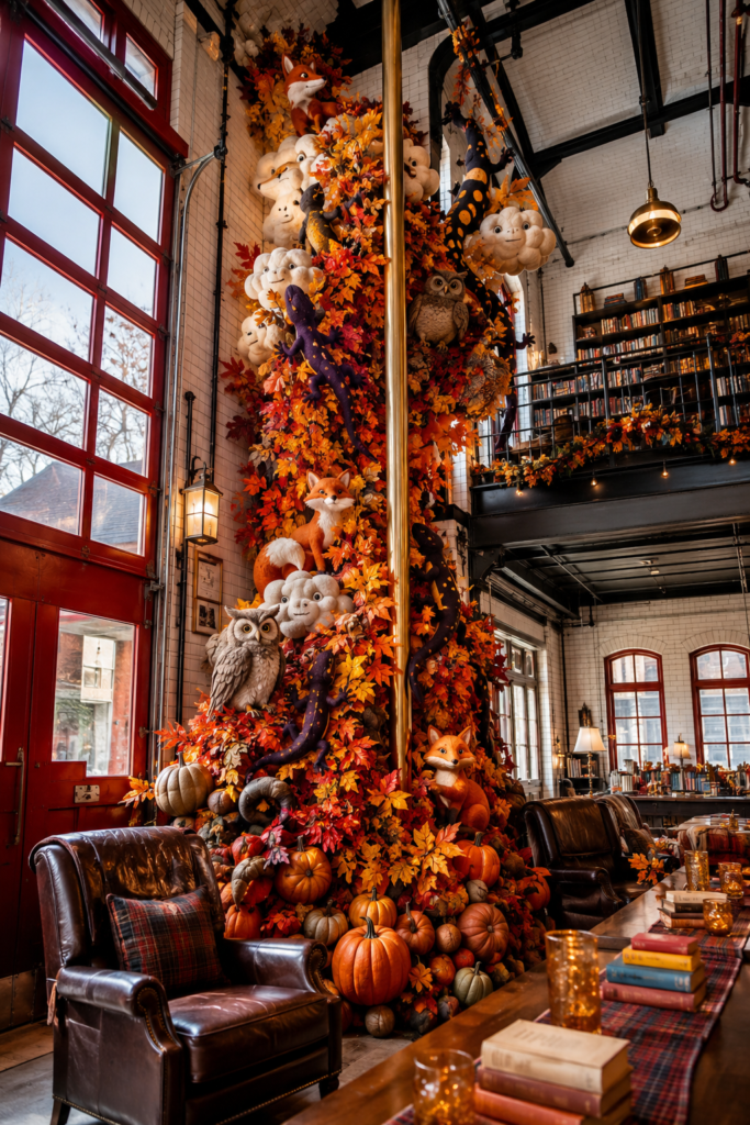 Eye Catching Fall Leaf and Wildlife Firehouse Display