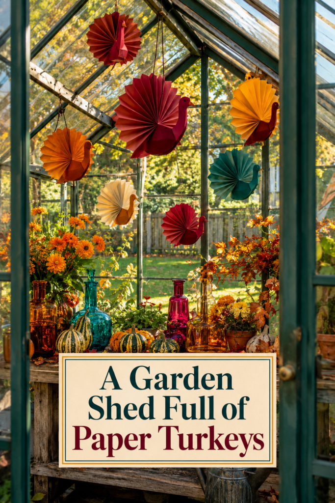 Fall Garden Shed with Glass Ceiling and Paper Turkeys