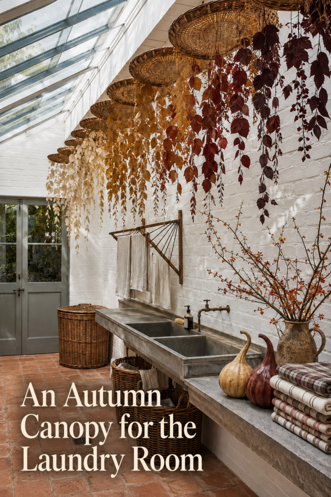 Fall Leaf Decor Canopy in Large Laundry Room