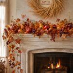 Fall Leaf and Fruit Garland Around Ivory Tile Fireplace