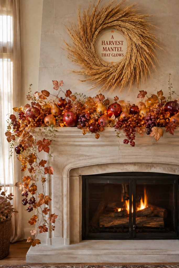 Fall Leaf and Fruit Garland Around Ivory Tile Fireplace