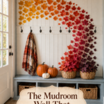 Fall Mudroom Wall With Orange and Red Leaves