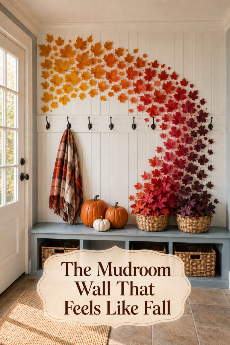 Fall Mudroom Wall With Orange and Red Leaves