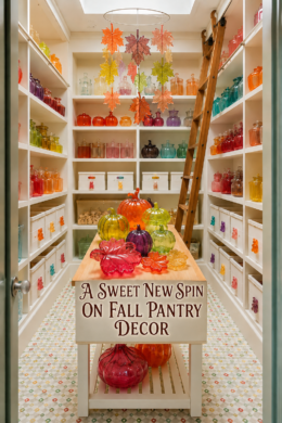 Fall Themed Pantry with Glass Pumpkin Jars