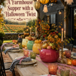 Farmhouse Halloween supper title above a harvest table with colorful kettles pumpkins pears and checked place settings