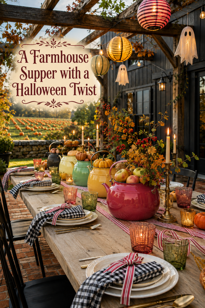 Farmhouse Halloween supper title above a harvest table with colorful kettles pumpkins pears and checked place settings