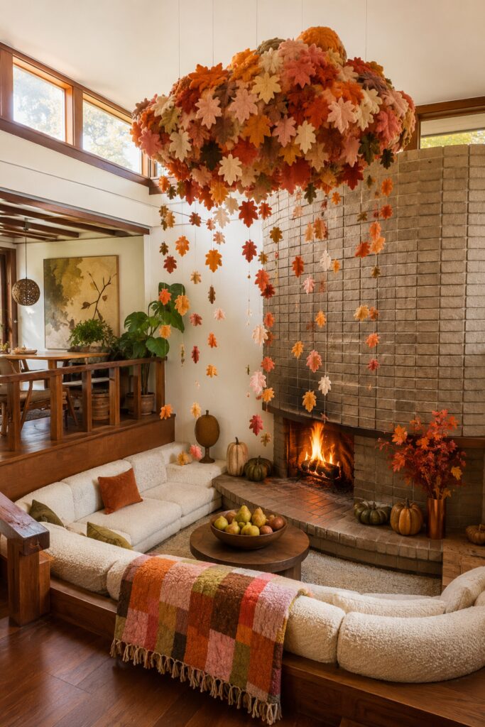 Felt leaf cloud hanging over a split level fireside den with cream seating plaid throw pumpkins and autumn branches