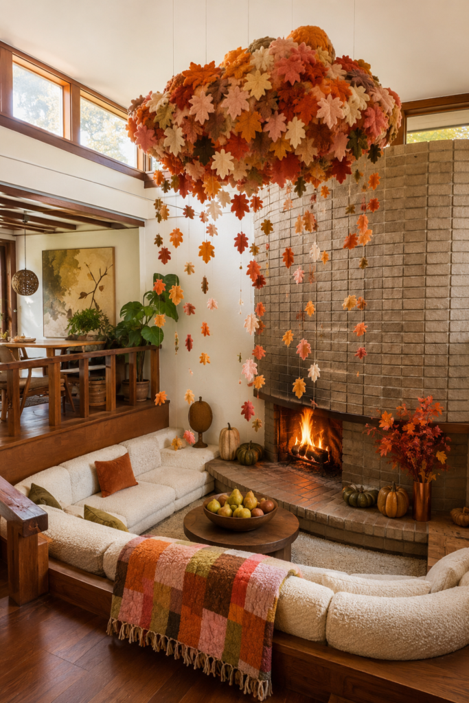 Felt leaf cloud hanging over a split level fireside den with cream seating plaid throw pumpkins and autumn branches