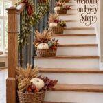 Festive Fall Staircase with Harvest Baskets