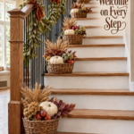Festive Fall Staircase with Harvest Baskets