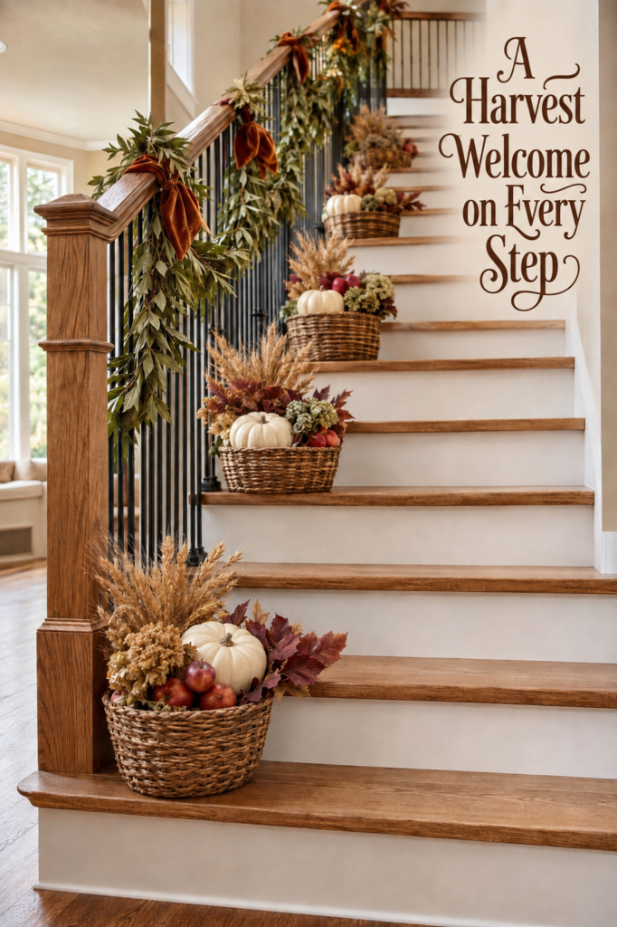 Festive Fall Staircase with Harvest Baskets