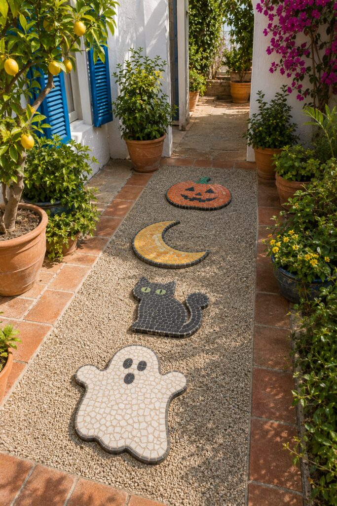 Finished candy-mosaic Halloween garden path