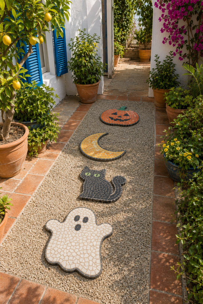 Finished candy-mosaic Halloween garden path