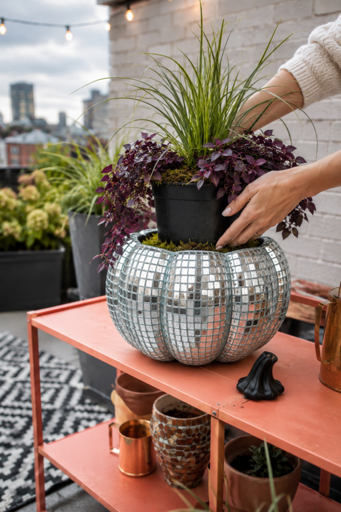 Finished silver disco pumpkin planter