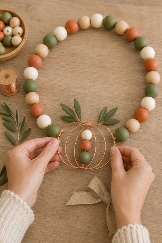 Finishing a copper pumpkin bead wreath