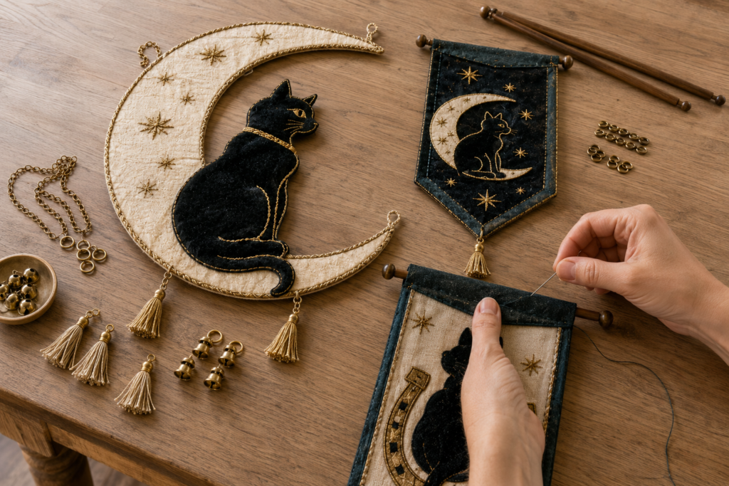 Finishing a crescent cat banner set