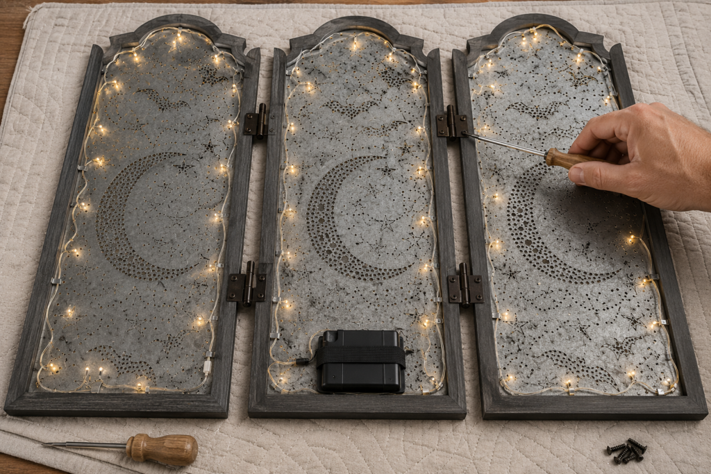 Finishing and lighting a hinged moon screen