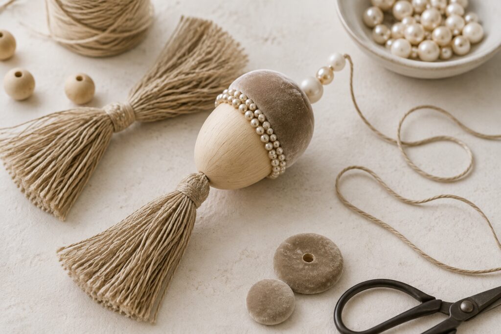 Flax tassel attachment on a velvet acorn