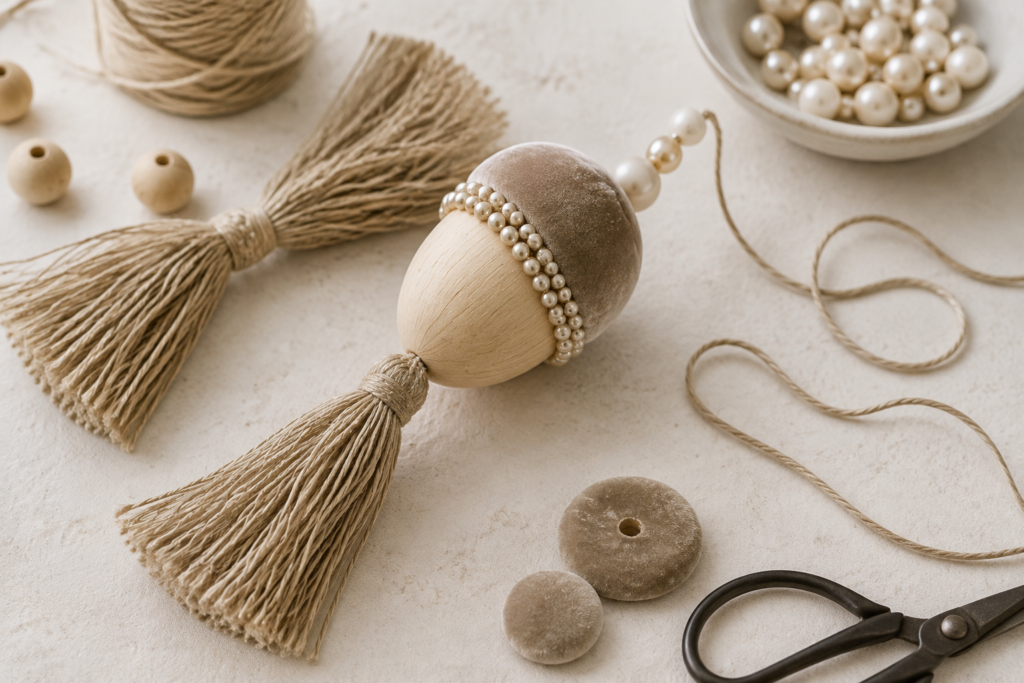 Flax tassel attachment on a velvet acorn