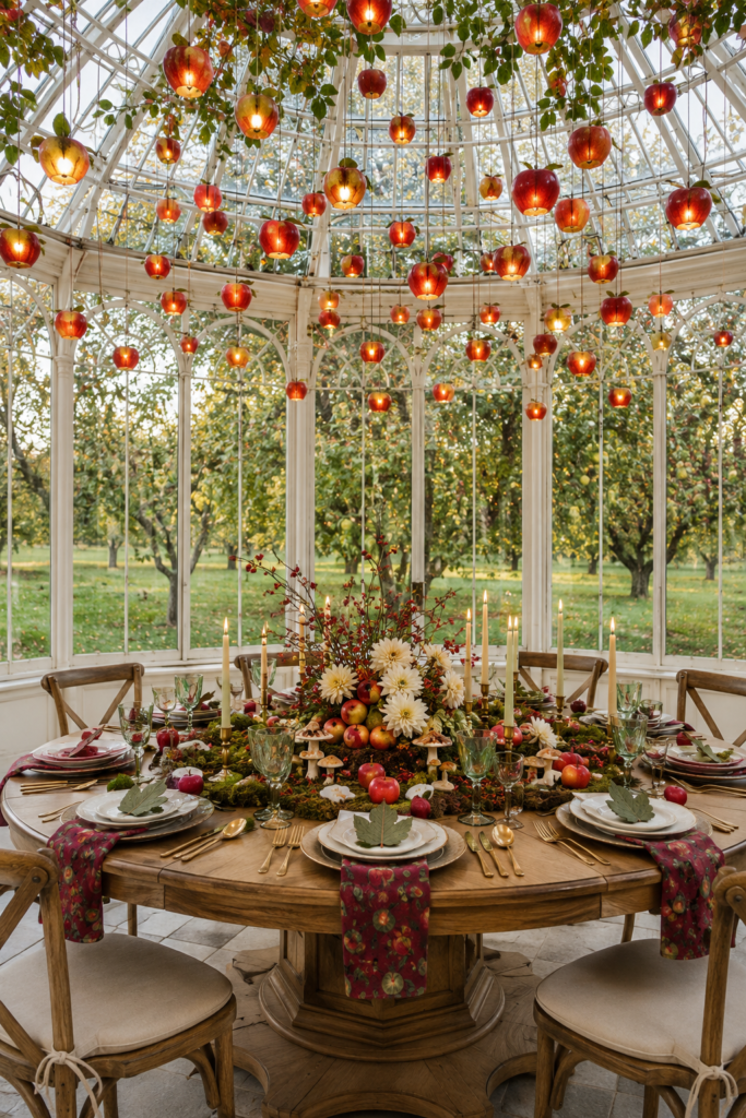 Floating apple lantern orchard table with moss centerpiece green goblets brass candles burgundy napkins and greenhouse views