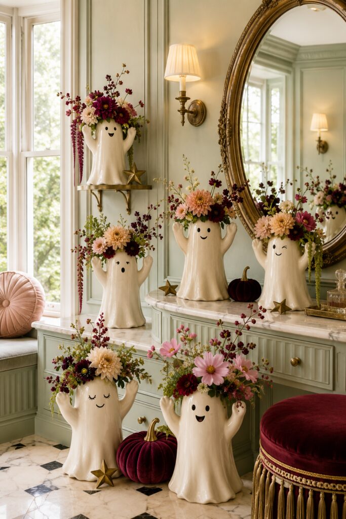 Flower crowned ghost vase collection with burgundy blush and cream blooms velvet pumpkins and antique gold accents