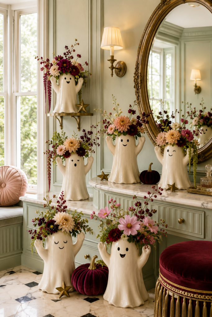 Flower crowned ghost vase collection with burgundy blush and cream blooms velvet pumpkins and antique gold accents