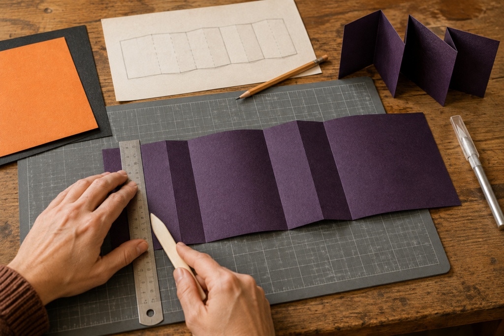 Folding five purple accordion panels