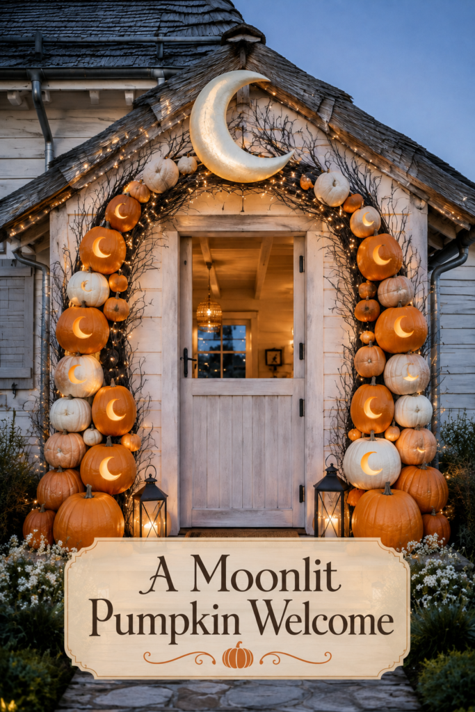 Full Arch of Jack o lanterns Around Front Door