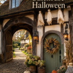 Gatehouse Halloween Entry with Ghosts Pumpkins and Gingham