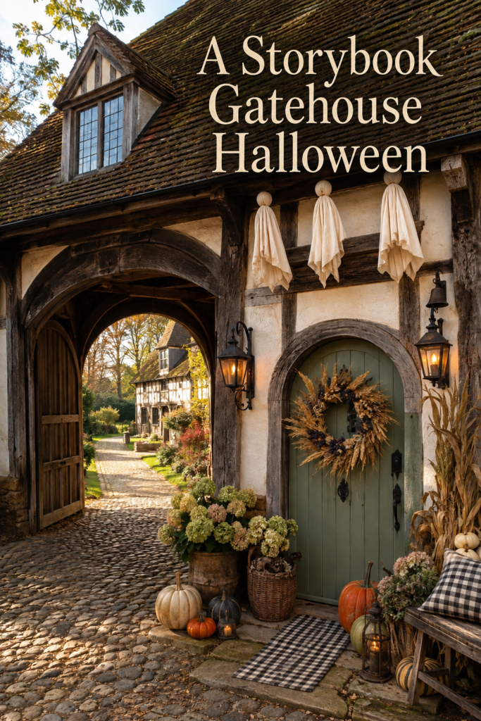 Gatehouse Halloween Entry with Ghosts Pumpkins and Gingham