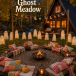 Gather round the ghost meadow title above an A frame cabin and glowing Halloween fire pit retreat