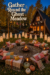 Gather round the ghost meadow title above an A frame cabin and glowing Halloween fire pit retreat