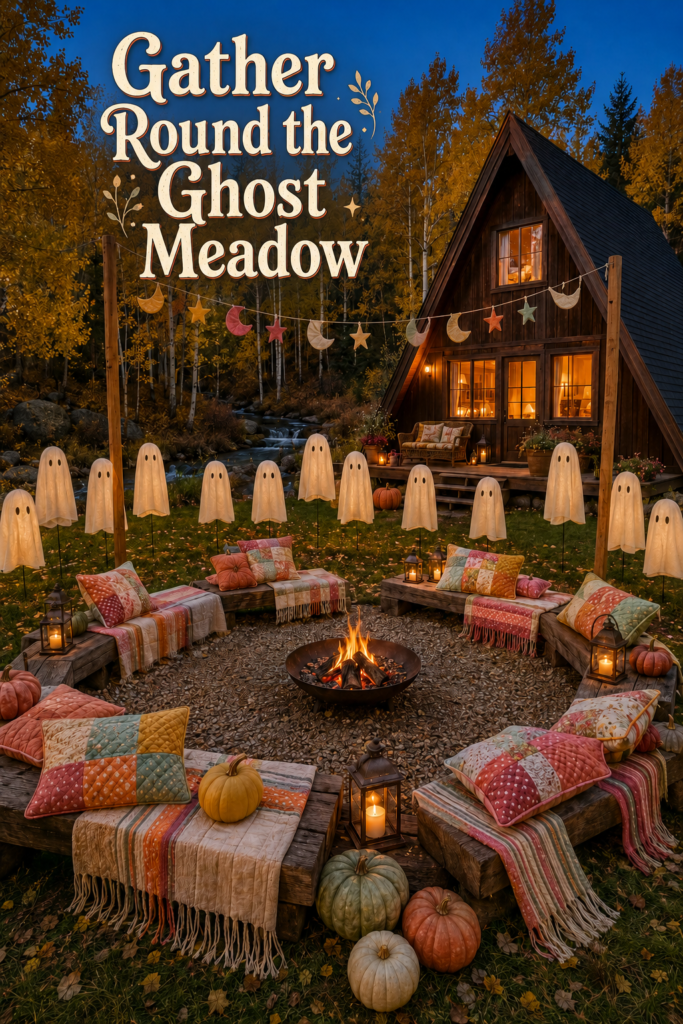 Gather round the ghost meadow title above an A frame cabin and glowing Halloween fire pit retreat