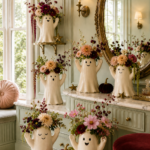 Elegant Halloween ghost vases filled with romantic flowers in a sage dressing room with a warm editorial title panel