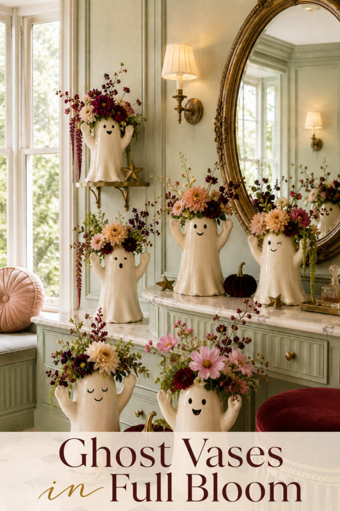 Elegant Halloween ghost vases filled with romantic flowers in a sage dressing room with a warm editorial title panel