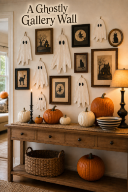 Ghostly Halloween Gallery Wall Above Console of Pumpkins