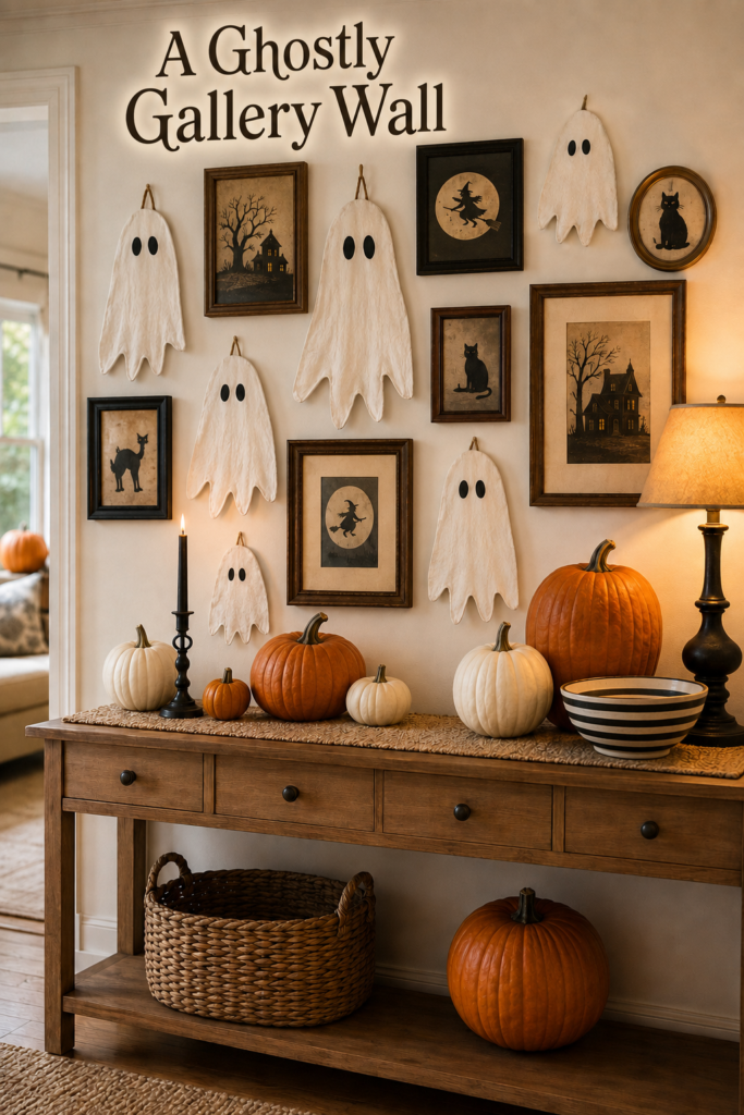 Ghostly Halloween Gallery Wall Above Console of Pumpkins