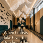 Ghosts bats and pumpkins in bowling alley