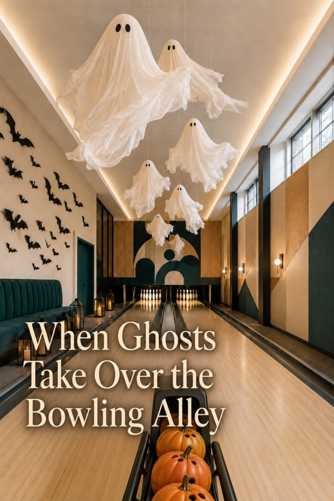 Ghosts bats and pumpkins in bowling alley
