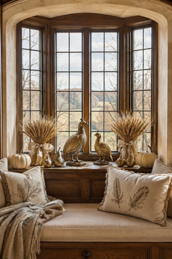 Gilded quail Thanksgiving window seat with tied wheat bundles ivory pumpkins metallic pears and embroidered feather pillows