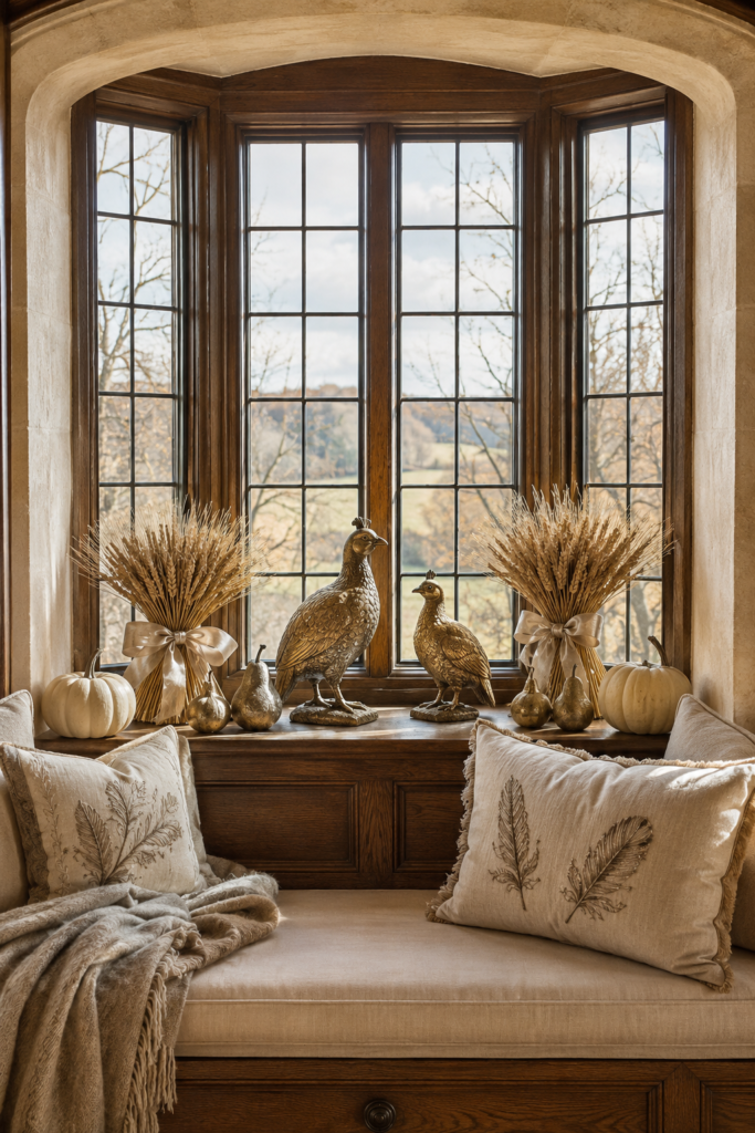 Gilded quail Thanksgiving window seat with tied wheat bundles ivory pumpkins metallic pears and embroidered feather pillows