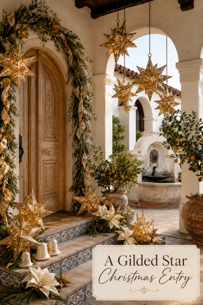 Spanish style Christmas entry with glowing gold stars champagne ribbon white poinsettias and carved wooden door