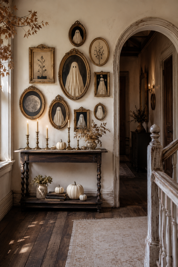 Gilded ghost portrait gallery with brass candlesticks and white pumpkins in a weathered farmhouse hall