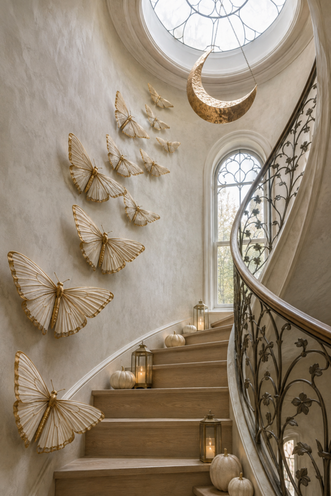 Gilded moth moon stair tower with ivory pumpkins and candlelit lanterns for elegant Halloween decorating