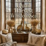 Gilded Quail Harvest Window Seat title above gold birds wheat sheaves and neutral Thanksgiving decorations