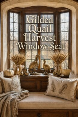 Gilded Quail Harvest Window Seat title above gold birds wheat sheaves and neutral Thanksgiving decorations