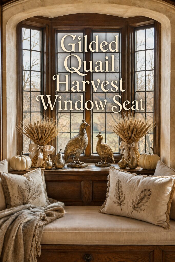 Gilded Quail Harvest Window Seat title above gold birds wheat sheaves and neutral Thanksgiving decorations